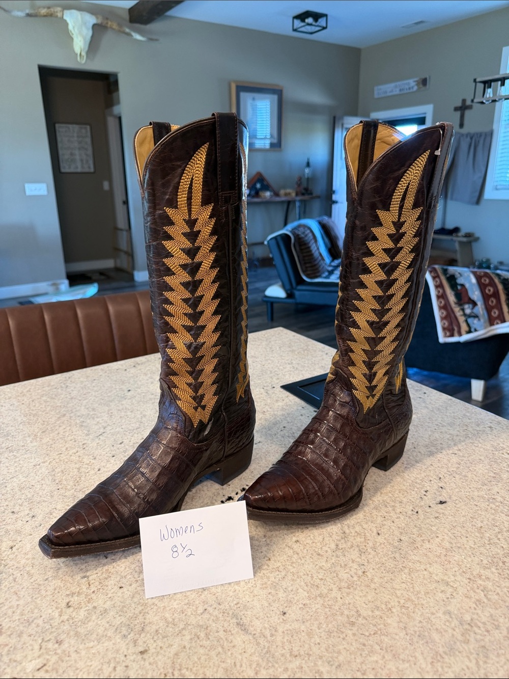Stetson Brown Exotic Leather Western Boots with Tan Stitching